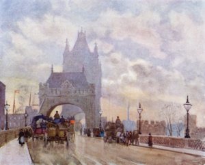 På Tower Bridge (farge litho) av Herbert Menzies (after) Marshall