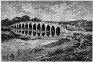 Bro med 17 buer ved Kunming-sjøen ved Ete-palasset nær Pekin på 1800-tallet. Gravering etter en tegning av Catenacci, etter et fotografi av Thomson, i "" Le Tour du Monde, Nouveau journal des Voyages", redigert av Edouard Charton, Paris av Hercule (after) Catenacci