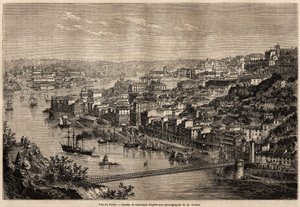Utsikt over Porto, tegning av Catenacci, for å illustrere Olivier Mersons reise til de nordlige provinsene i Portugal i 1857. Gravering i “” Le tour du monde”” 1861. Selvas samling. av Hercule (after) Catenacci