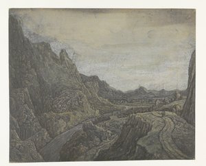 Steinete landskap med en vei og en elv av Hercules Segers
