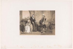 Tre figurer i interiør fra 1700-tallet