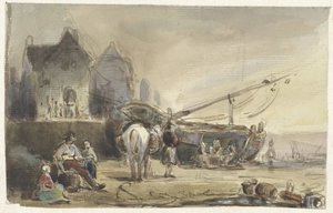 Strandscene med båter og fiskere