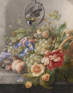 Stilleben med blomster, frukt, en pommemeis og en mus. Rundt 1700-10