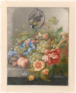 Stilleben med blomster, frukt, en lompmeis og en mus Stilleben med blomster, frukt, en pommemeis og en mus