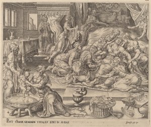 Fødsel av Pharez og Zara av Herman Jansz Muller after Maerten van Heemskerck