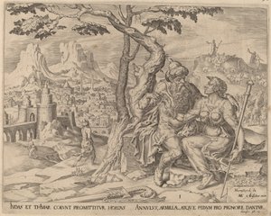 Juda gir Tamar pantet av Herman Jansz Muller after Maerten van Heemskerck