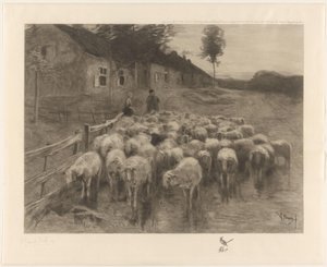 Hyrde og en kvinne med en saueflokk av Herman Johannes van der Weele (signed by artist)
