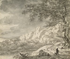 Fjelllandskap med en turgåer (kritt og indisk blekk på papir) av Herman Nauwincz