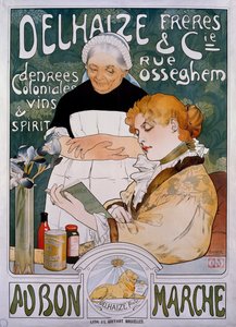 Dame og hushjelp, plakat for firma Delhaize Freres et Cie au bon marche