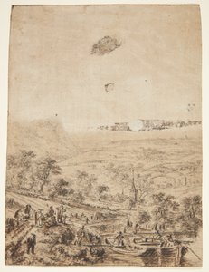 Panoramalandskap med bønder, fiskere og en landsbykirke av Herman Saftleven
