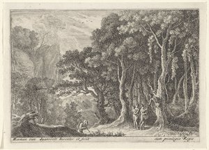 Satyr samler frukt Landskap med satyrer (serietittel) av Herman van Swanevelt