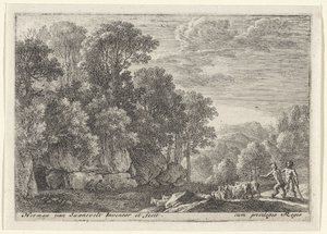 To satyrer med en flokk geiter Landskap med satyrer (serietittel) av Herman van Swanevelt
