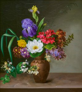 En vase i gresk stil med iris, syrin (olje på metall) av Hermania Neergaard