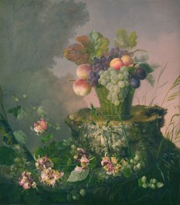 Blomsterkurv med frukt ved en trestubbe av Hermania Neergaard