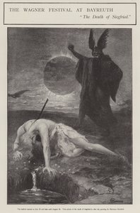 Wagner-festivalen i Bayreuth: Siegrfrieds død (litho) av Hermann (after) Hendrich