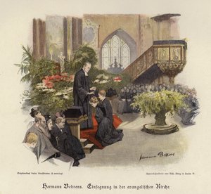 Konfirmasjonsgudstjeneste i en evangelisk kirke (farget gravering) av Hermann Behrens
