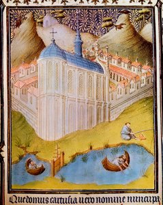 Karteusiske munker som netter og kroker fisk i fiskedammer ved Chartreuse, Frankrike, 1400-tallet av Hermann Limbourg