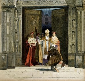 Abjuration av Henry IV (1553-1610) i klosteret Saint Denis i nærvær av buen til Bourges, Renaud de Beaune (1527-1606). Kongen avbød protestantismen 25. juli 1593. Illustrasjon av Hermann Vogel (1856-1918) i "" Henri IV"" av Hermann Vogel