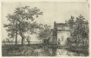 Kvinne med en kurv foran et gårdshus på vannet av Hermanus Jan Hendrik van Rijkelijkhuysen