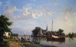 Lektere på en kanal om sommeren (olje på lerret)