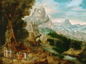 Paysage avec Saint Jean Baptiste prechant - Landskap med Johannes døperens forkynnelse, av Herri met de Bles (Henri Bles) (1510-1550). Olje på tre, ca 1535-1540. Mål: 29x39 cm. Kunsthistorisk museum, Vienne