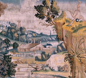 flamsk billedvev. Serie fire billedvev etter Hieronymus Bosch. Sankt Antonius i bønn (San Antonio en oración). Andre billedvev i serien. Modell Inspirert av arbeidet til Hieronymus Bosch. Produksjon Ukjent verksted, Brussel. Før 1560. Stoff Go av Hieronymus (after) Bosch