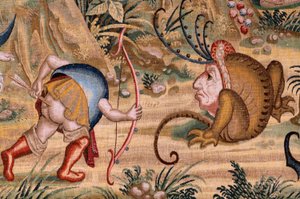flamsk billedvev. Serie fire billedvev etter Hieronymus Bosch. Sankt Antonius i bønn (San Antonio en oración). Andre billedvev i serien. Modell Inspirert av arbeidet til Hieronymus Bosch. Produksjon Ukjent verksted, Brussel. Før 1560. Stoff Go