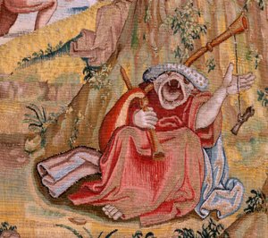 flamsk billedvev. Serie fire billedvev etter Hieronymus Bosch. Sankt Antonius i bønn (San Antonio en oración). Andre billedvev i serien. Modell Inspirert av arbeidet til Hieronymus Bosch. Produksjon Ukjent verksted, Brussel. Før 1560. Stoff Go