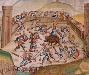 flamsk billedvev. Serie fire billedvev etter Hieronymus Bosch. Saint Martin (San Martín). Første billedvev i serien. Modell Inspirert av arbeidet til Hieronymus Bosch. Produksjon Ukjent verksted, Brussel. Før 1560. Stoff Gull, sølv, silke og woo av Hieronymus (after) Bosch