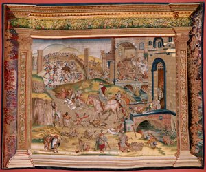 flamsk billedvev. Serie fire billedvev etter Hieronymus Bosch. Saint Martin (San Martín). Første billedvev i serien. Modell Inspirert av arbeidet til Hieronymus Bosch. Produksjon Ukjent verksted, Brussel. Før 1560. Stoff Gull, sølv, silke og woo av Hieronymus (after) Bosch