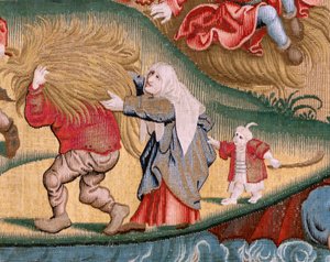 flamsk billedvev. Serie fire billedvev etter Hieronymus Bosch. Menneskelivets trengsler (Tribulaciones de la vida humana). Tredje billedvev i serien. Modell Inspirert av arbeidet til Hieronymus Bosch. Produksjon Ukjent verksted, Brussel. Før 1560