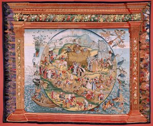 flamsk billedvev. Serie fire billedvev etter Hieronymus Bosch. Menneskelivets trengsler (Tribulaciones de la vida humana). Tredje billedvev i serien. Modell Inspirert av arbeidet til Hieronymus Bosch. Produksjon Ukjent verksted, Brussel. Før 1560