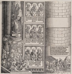 Maximilian som arkitekt, med en statue av St. Leopold, og byster av Maximilians Ance..., 15171518.