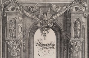Den øvre delen av inngangspartiet til sentralportalen med en bevinget figur som holder I..., 1515.