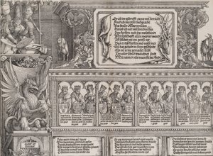 Den øvre delen av den høyre portalen, med inskripsjonen på et hjorthud, en frise med ..., 1515.