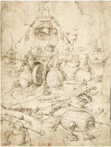 Infernalsk landskap par Bosch, Hieronymus (ca. 1450-1516). Penn, brunt indisk blekk på papir, ca. 1500, Privat samling av Hieronymus Bosch