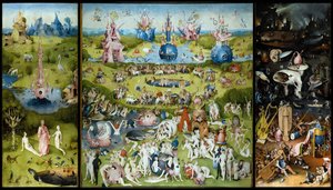 ""Hage med jordiske gleder"" Venstre panel: skapelsen av Adam og Eva. Sentralpanel: elskerne nyter fruktene. Høyre panel: helvete. Tryptyk av Hieronymus Van Aeken (Aken) kjent som Jerome Bosch (1450-1516) av Hieronymus Bosch