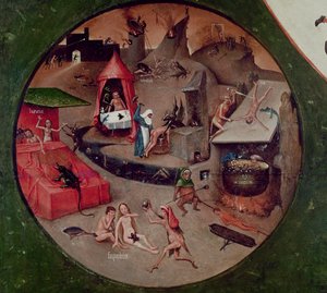 Tabletop of the Seven Deadly Sins and the Four Last Things, detalj av helvete, ca. 1480 (olje på panel) av Hieronymus Bosch