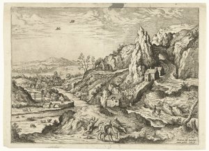 Abraham og Isak på vei til offerstedet Landskap med bibelske og mytologiske scener (serietittel) av Hieronymus Cock