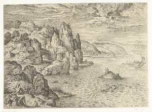 Kystlandskap med Hero og Leander Hero og Leander Landskap med bibelske og mytologiske scener (serietittel) av Hieronymus Cock