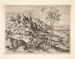Daphne forfulgt av Apollo, fra Landskap med bibelske og mytologiske scener av Hieronymus Cock