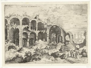 Tredje utsikt over Colosseum i Roma Kolosser til prospekt vs (tittel på objekt) Romerske ruiner (serietittel) av Hieronymus Cock