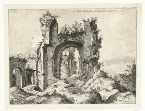 Første utsikt over badene i Caracalla Ex Rvinis Thermarvm Antonii Pii (...) (tittel på objekt) Romerske ruiner (serietittel) av Hieronymus Cock