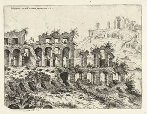 Utsikt over Colosseum og Palatinerhøyden Rvinarvm palatii maioris, prospectvs 1 (tittel på objekt) Romerske ruiner (serietittel) av Hieronymus Cock