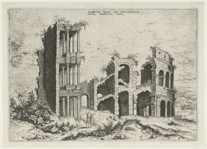 Utsikt over Septizonium og Colosseum i Roma Septizonii Severi Imp (...) (tittel på objekt) Romerske ruiner (serietittel) av Hieronymus Cock