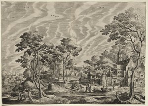 Landskap med et slott til høyre, 1630. av Hieronymus Cock