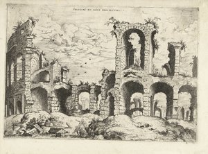 Andre utsikt over Colosseum i Roma Collossæi ro alivs prospectvs (tittel på objekt) Romerske ruiner (serietittel) av Hieronymus Cock