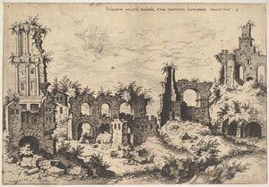 Utsikt over ruiner på Palatinerhøyden med trabeated fasade til venstre og arkader i midten, fr..., 1550. av Hieronymus Cock
