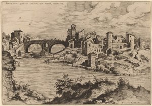 Utsikt over Ponte Quattro Capi og Tiberøya av Hieronymus Cock