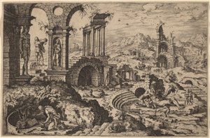 Saint Hieronymus i et landskap med ruiner av Hieronymus Cock after Maerten van Heemskerck